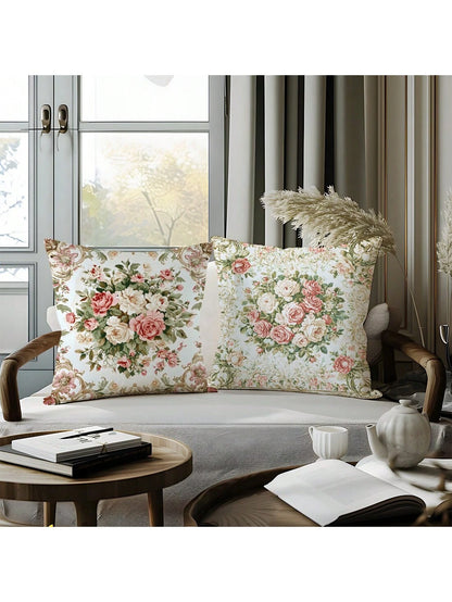 4pcs Vintage Pink & White Rose Floral Cushion Cover Set, Single-Sided Printed Peach Velvet Material, 45*45/40*40/50*50CM Pillow Case Suitable For Modern Minimalist Sofa Living Room Decor, Gift, Party