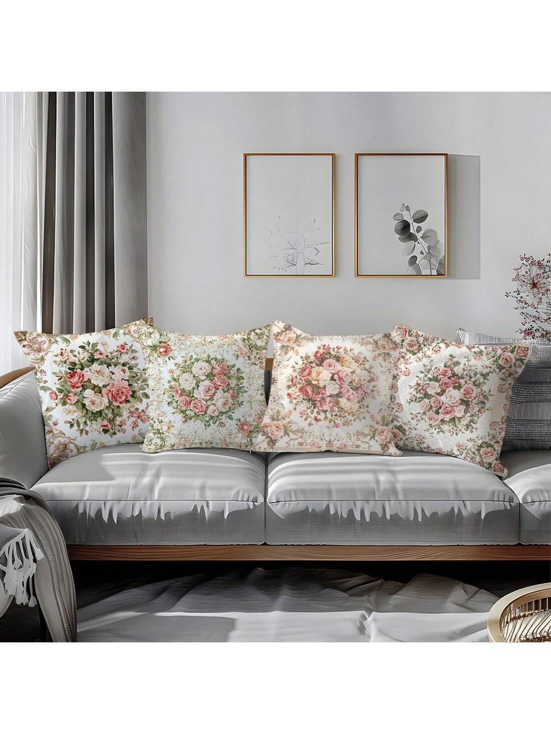 4pcs Vintage Pink & White Rose Floral Cushion Cover Set, Single-Sided Printed Peach Velvet Material, 45*45/40*40/50*50CM Pillow Case Suitable For Modern Minimalist Sofa Living Room Decor, Gift, Party