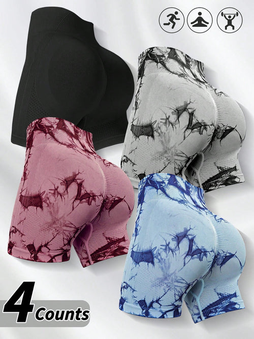 4pcs Women Seamless Tie-Dye Yoga Shorts, Versatile For Outdoor Climbing, Daily Wear, Gym, Workout, Sports Summer