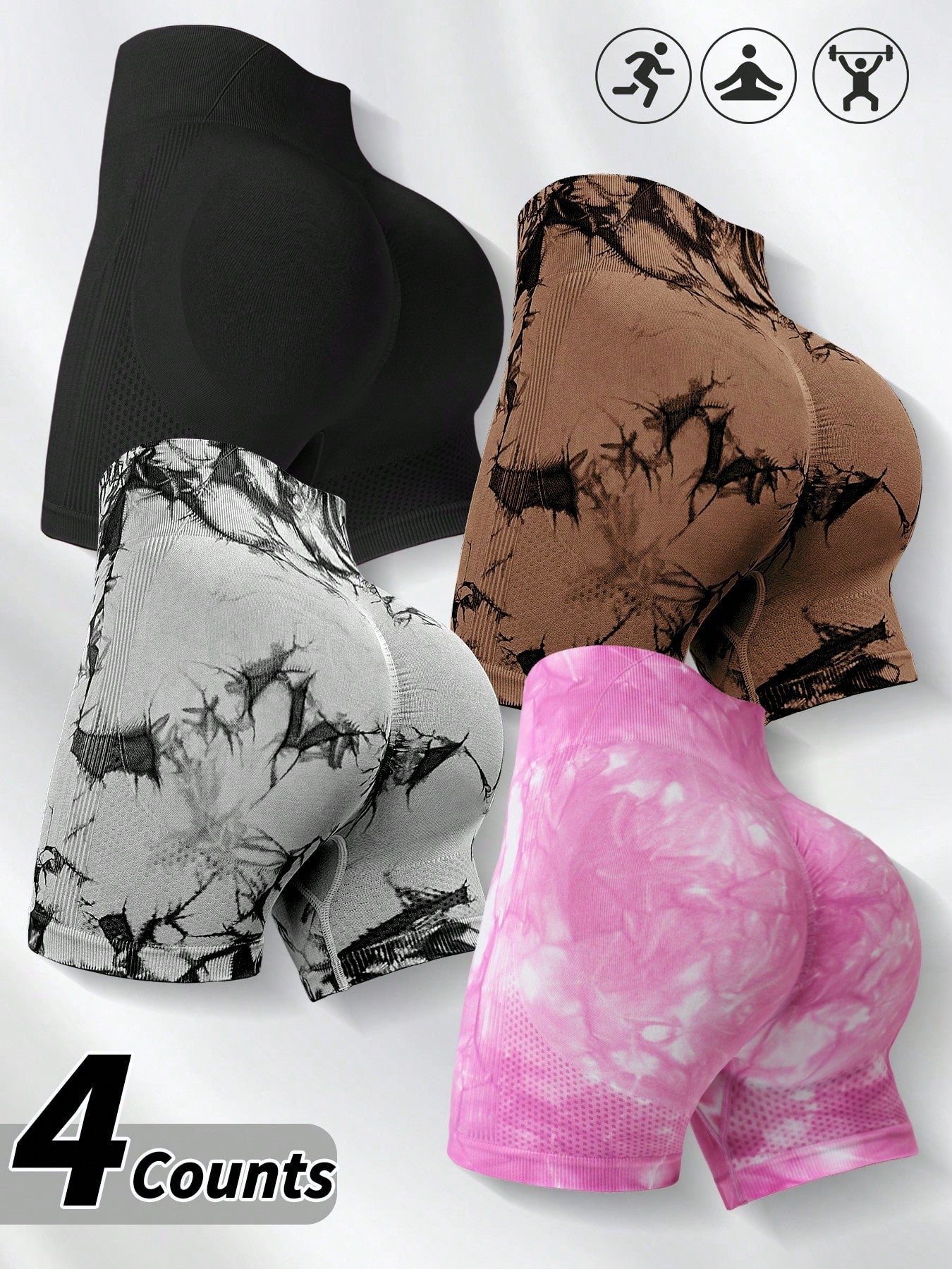 4pcs Women Seamless Tie-Dye Yoga Shorts, Versatile For Outdoor Climbing, Daily Wear, Gym, Workout, Sports Summer