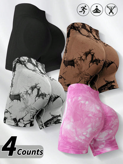 4pcs Women Seamless Tie-Dye Yoga Shorts, Versatile For Outdoor Climbing, Daily Wear, Gym, Workout, Sports Summer