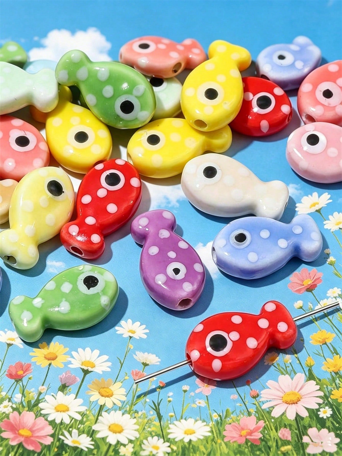 5/12/20/50/100pcs Ceramic Fish Beads, For Jewelry Making- Polka Dot Design In Multiple Colors, Black Glossy Eyes Crafted Beads, Mosaic-Free Material, DIY Jewelry Supplies, Suitable For Bracelets, Nec