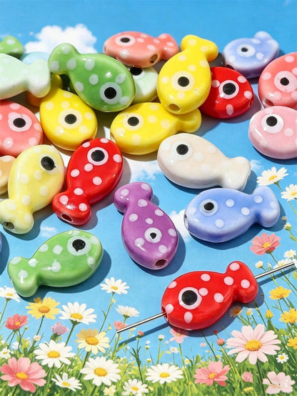 5/12/20/50/100pcs Ceramic Fish Beads, For Jewelry Making- Polka Dot Design In Multiple Colors, Black Glossy Eyes Crafted Beads, Mosaic-Free Material, DIY Jewelry Supplies, Suitable For Bracelets, Nec