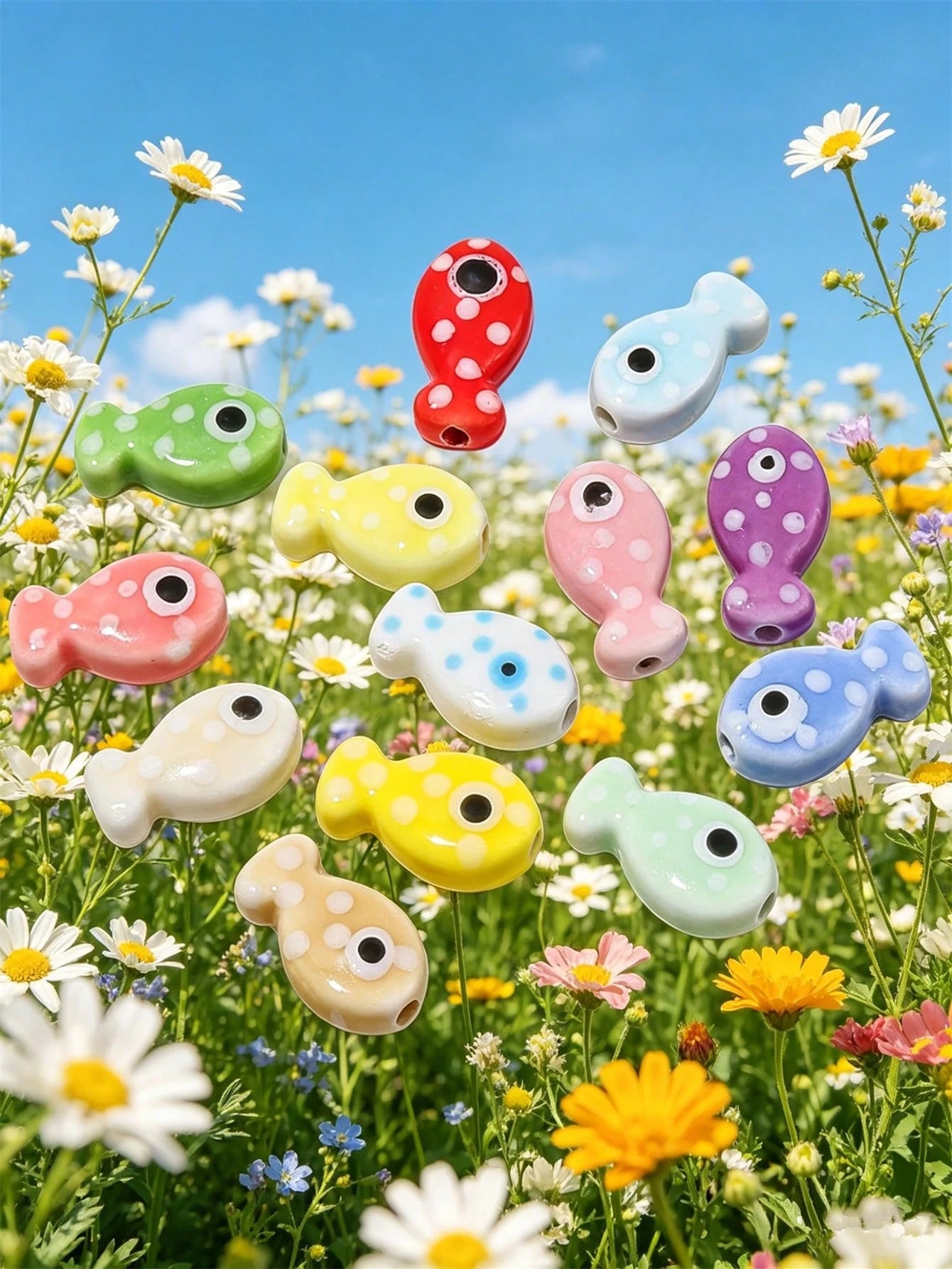 5/12/20/50/100pcs Ceramic Fish Beads, For Jewelry Making- Polka Dot Design In Multiple Colors, Black Glossy Eyes Crafted Beads, Mosaic-Free Material, DIY Jewelry Supplies, Suitable For Bracelets, Nec