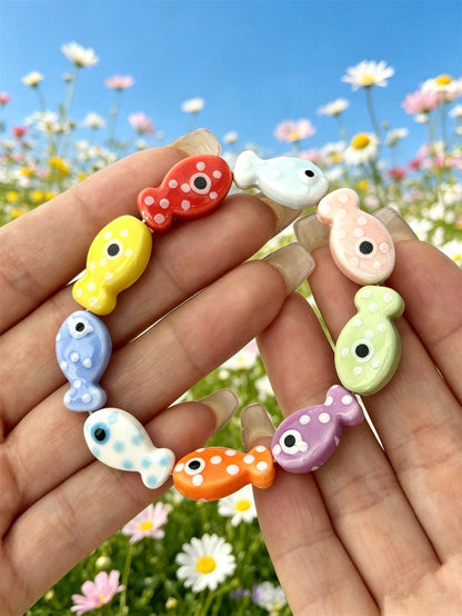 5/12/20/50/100pcs Ceramic Fish Beads, For Jewelry Making- Polka Dot Design In Multiple Colors, Black Glossy Eyes Crafted Beads, Mosaic-Free Material, DIY Jewelry Supplies, Suitable For Bracelets, Nec