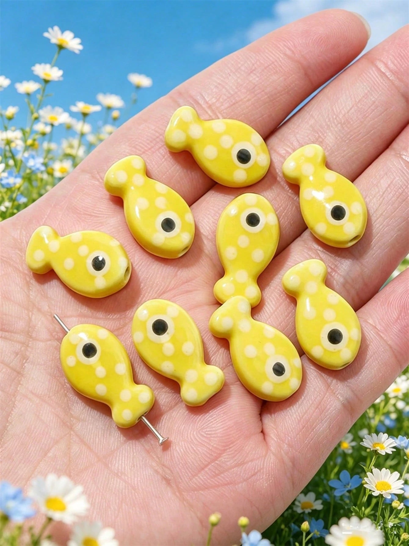 5/12/20/50/100pcs Ceramic Fish Beads, For Jewelry Making- Polka Dot Design In Multiple Colors, Black Glossy Eyes Crafted Beads, Mosaic-Free Material, DIY Jewelry Supplies, Suitable For Bracelets, Nec