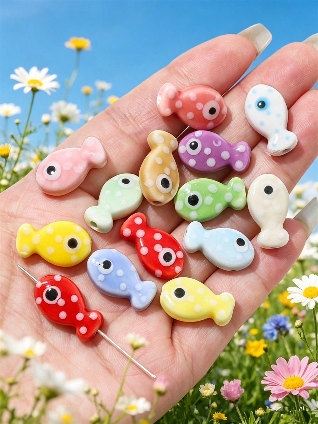 5/12/20/50/100pcs Ceramic Fish Beads, For Jewelry Making- Polka Dot Design In Multiple Colors, Black Glossy Eyes Crafted Beads, Mosaic-Free Material, DIY Jewelry Supplies, Suitable For Bracelets, Nec