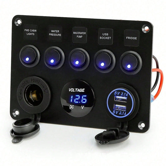 5 Gang 12V Multi Function Rocker Switch Panel, Backlit Dual USB Charger With Digital Voltmeter, Pre-Wired Switch Panel With Inline Fuse For RV Truck Car Marine Boats, Without Battery