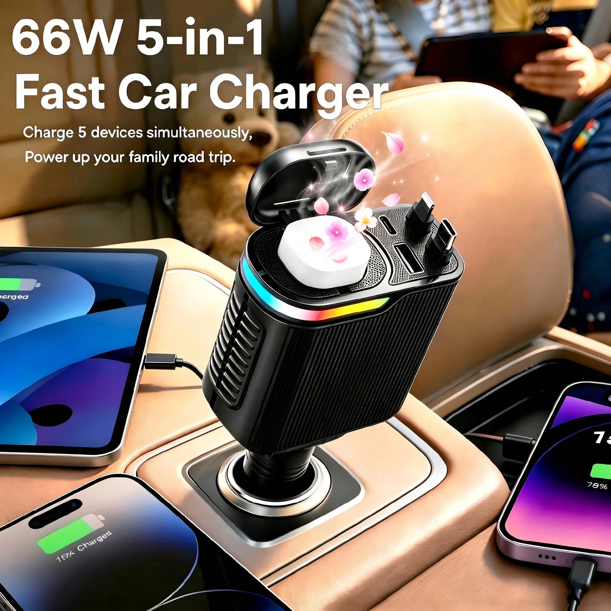 5-In-1 Retractable Car Charger, Multi-Port Fast Charging Adapter With Type-C & IOS Retractable Cables, USB & PD Charging Ports, Compact Car Accessories For Smartphones, Tablets & Travel