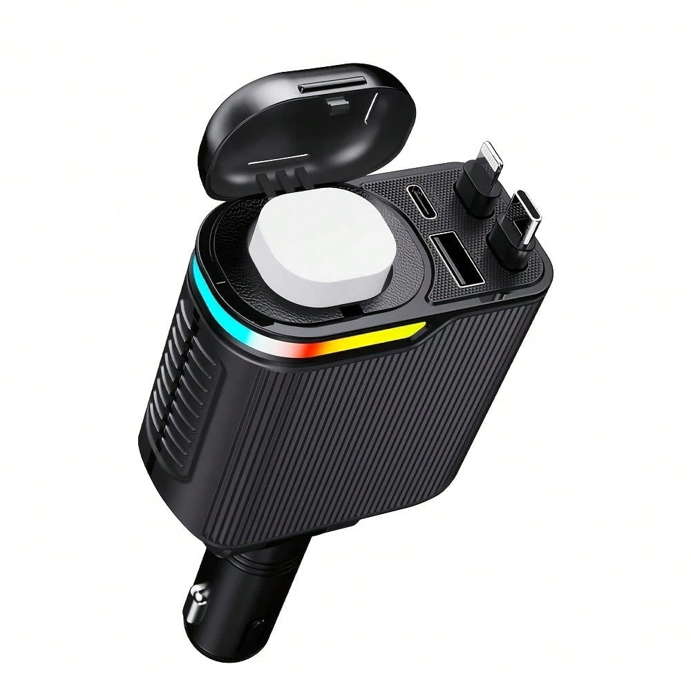 5-In-1 Retractable Car Charger, Multi-Port Fast Charging Adapter With Type-C & IOS Retractable Cables, USB & PD Charging Ports, Compact Car Accessories For Smartphones, Tablets & Travel