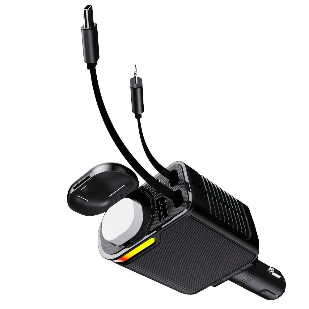 5-In-1 Retractable Car Charger, Multi-Port Fast Charging Adapter With Type-C & IOS Retractable Cables, USB & PD Charging Ports, Compact Car Accessories For Smartphones, Tablets & Travel