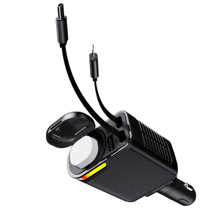 5-In-1 Retractable Car Charger, Multi-Port Fast Charging Adapter With Type-C & IOS Retractable Cables, USB & PD Charging Ports, Compact Car Accessories For Smartphones, Tablets & Travel