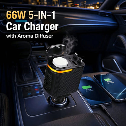 5-In-1 Retractable Car Charger, Multi-Port Fast Charging Adapter With Type-C & IOS Retractable Cables, USB & PD Charging Ports, Compact Car Accessories For Smartphones, Tablets & Travel