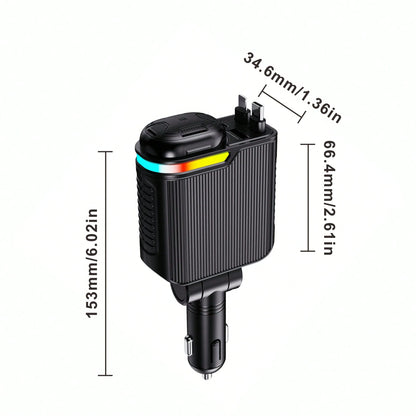 5-In-1 Retractable Car Charger, Multi-Port Fast Charging Adapter With Type-C & IOS Retractable Cables, USB & PD Charging Ports, Compact Car Accessories For Smartphones, Tablets & Travel