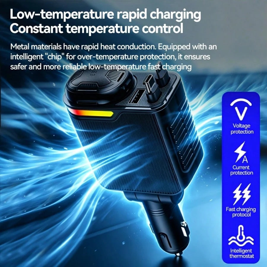 5-In-1 Retractable Car Charger, Multi-Port Fast Charging Adapter With Type-C & IOS Retractable Cables, USB & PD Charging Ports, Compact Car Accessories For Smartphones, Tablets & Travel
