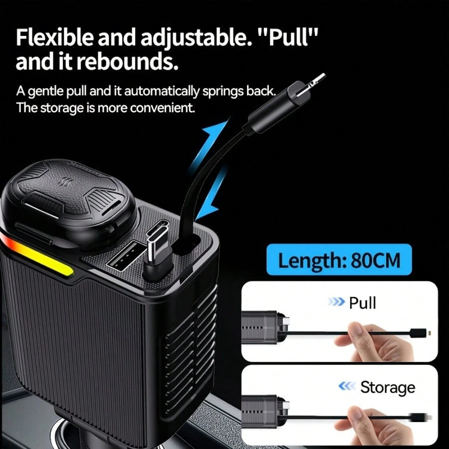 5-In-1 Retractable Car Charger, Multi-Port Fast Charging Adapter With Type-C & IOS Retractable Cables, USB & PD Charging Ports, Compact Car Accessories For Smartphones, Tablets & Travel