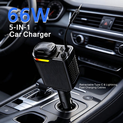 5-In-1 Retractable Car Charger, Multi-Port Fast Charging Adapter With Type-C & IOS Retractable Cables, USB & PD Charging Ports, Compact Car Accessories For Smartphones, Tablets & Travel