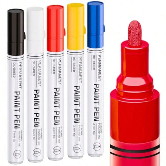 5 Oil-Based Permanent Paint Markers- Medium Tip Markers For Tire, Wood, Rock, Fabric, Glass, Ceramic, Metal, Plastic And More- Quick Dry, Waterproof, Multicolor