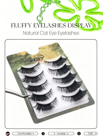 5 Pairs Cat Eye False Eyelashes, Faux Mink Strip Lashes, Natural Soft Long Black Thin Band Lashes, Fan-Shaped Lifted Tip Design, Perfectly Lengthen And Lift Eye Shape, Lightweight Comfortable Reusable