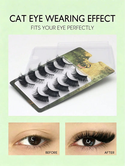 5 Pairs Cat Eye False Eyelashes, Faux Mink Strip Lashes, Natural Soft Long Black Thin Band Lashes, Fan-Shaped Lifted Tip Design, Perfectly Lengthen And Lift Eye Shape, Lightweight Comfortable Reusable