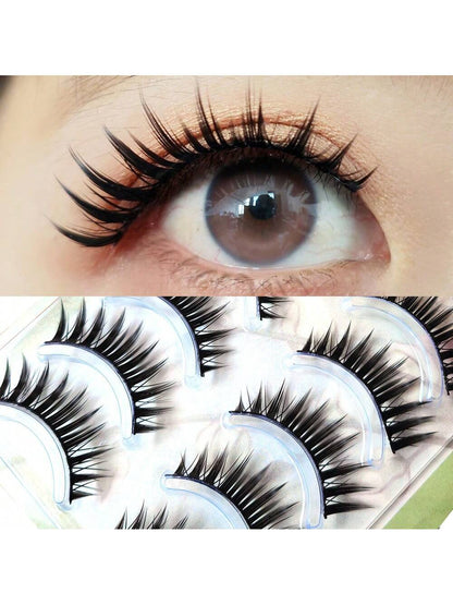 5 Pairs Of Densely Realistic & Lively Faux Eyelashes, Black Stiff Hard Lashes That Can Support Double Eyelids, Natural & Idol Fan-Favorite One-Piece Eyelash Extension With Longer Ends, 1 Box Of 5 Pair