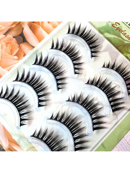 5 Pairs Of Densely Realistic & Lively Faux Eyelashes, Black Stiff Hard Lashes That Can Support Double Eyelids, Natural & Idol Fan-Favorite One-Piece Eyelash Extension With Longer Ends, 1 Box Of 5 Pair