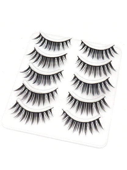 5 Pairs Of Densely Realistic & Lively Faux Eyelashes, Black Stiff Hard Lashes That Can Support Double Eyelids, Natural & Idol Fan-Favorite One-Piece Eyelash Extension With Longer Ends, 1 Box Of 5 Pair