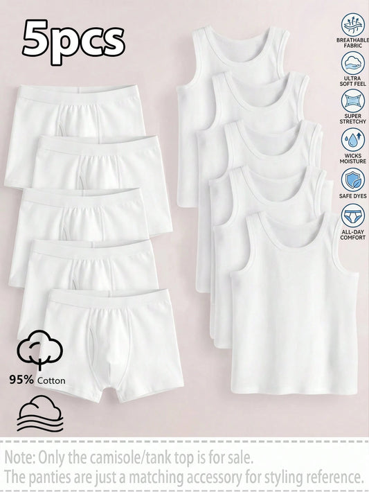 5-Piece Tween Boys Classic Minimalist Solid White Undershirts, Crafted From Soft Pure Cotton Fabric For Daily Comfort. These Sleeveless Round Neck Summer Casual Tank Top Vests Feature A Smooth Skin-Fr