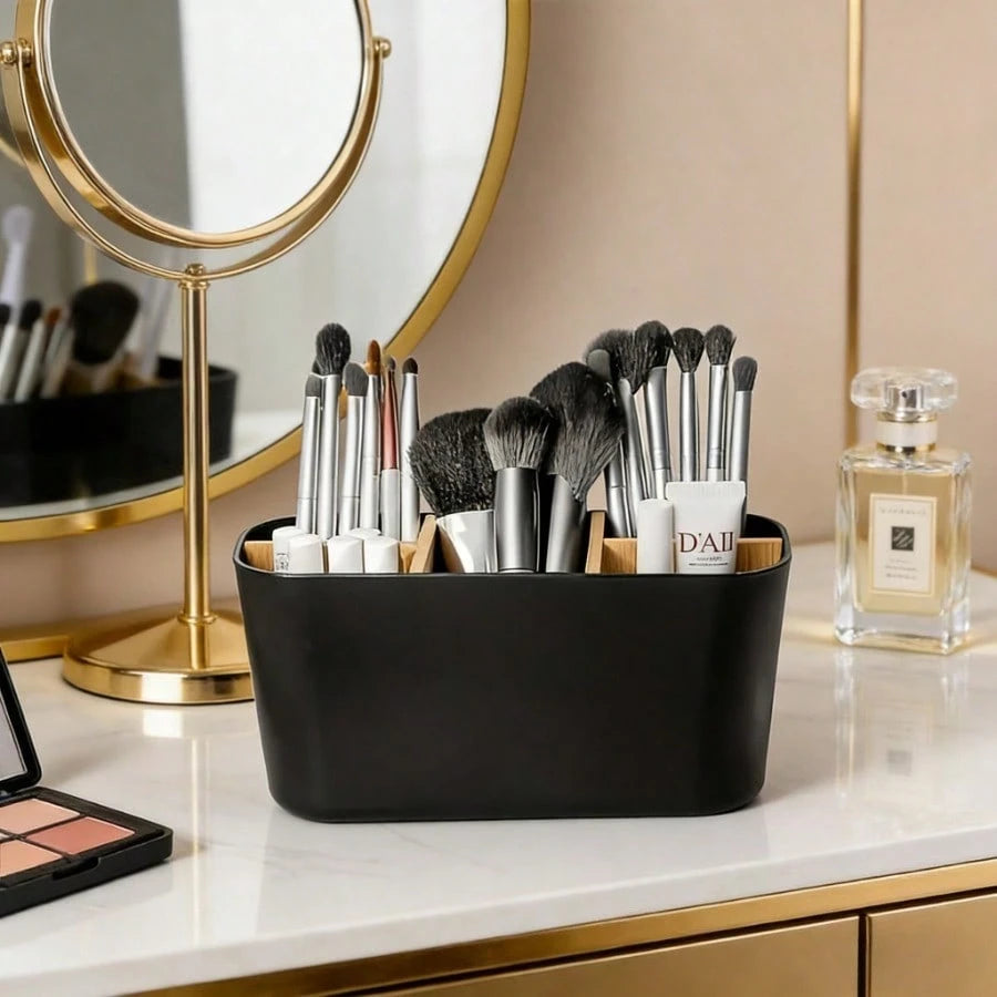 5-Slot Black Toothbrush Holder With Divider, Bathroom Countertop Organizer For Electric Toothbrush Toothpaste Razor, No Power Needed, Durable & Stylish Minimalist Design For Modern Bathroom