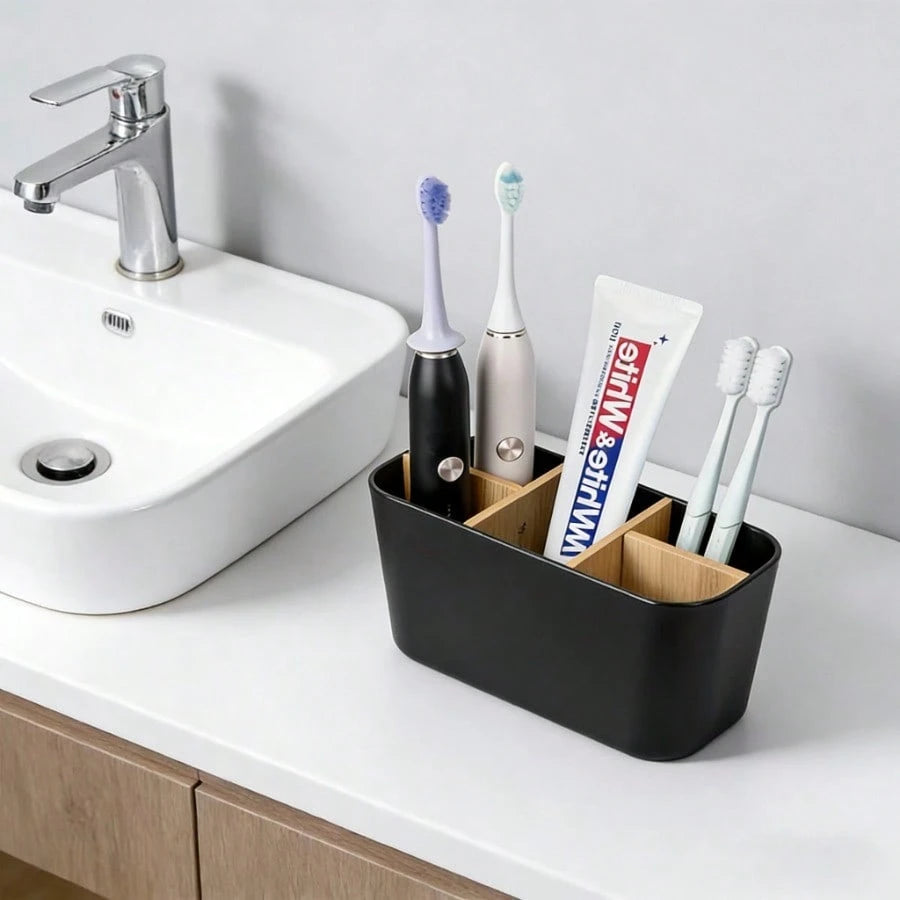 5-Slot Black Toothbrush Holder With Divider, Bathroom Countertop Organizer For Electric Toothbrush Toothpaste Razor, No Power Needed, Durable & Stylish Minimalist Design For Modern Bathroom