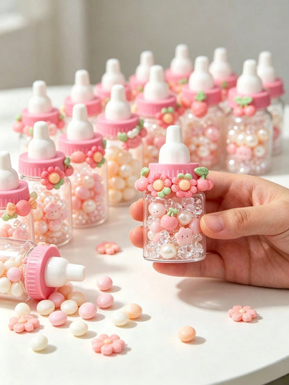 50/24/12/10/1pc- 3.5 Inch Mini Baby Bottle Candy Box With Cute Cartoon Accessories (Flower, Cherry, Pineapple, Candy, Crab) Colorful Cartoon Accessories Plastic Baby Bottle, Refillable Candy Box Smal