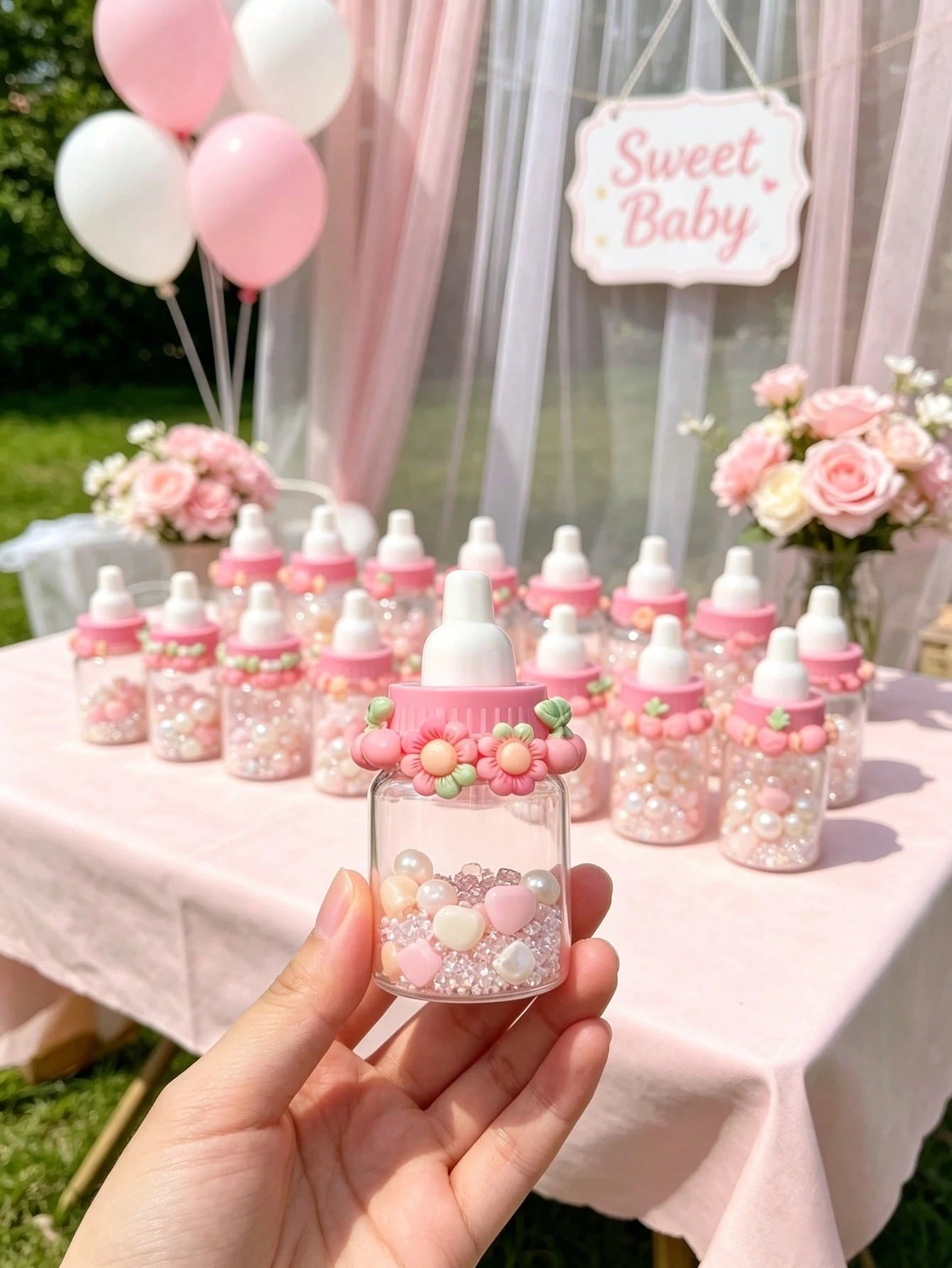 50/24/12/10/1pc- 3.5 Inch Mini Baby Bottle Candy Box With Cute Cartoon Accessories (Flower, Cherry, Pineapple, Candy, Crab) Colorful Cartoon Accessories Plastic Baby Bottle, Refillable Candy Box Smal