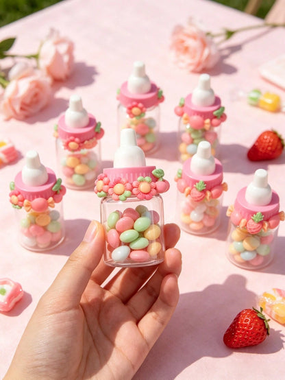 50/24/12/10/1pc- 3.5 Inch Mini Baby Bottle Candy Box With Cute Cartoon Accessories (Flower, Cherry, Pineapple, Candy, Crab) Colorful Cartoon Accessories Plastic Baby Bottle, Refillable Candy Box Smal