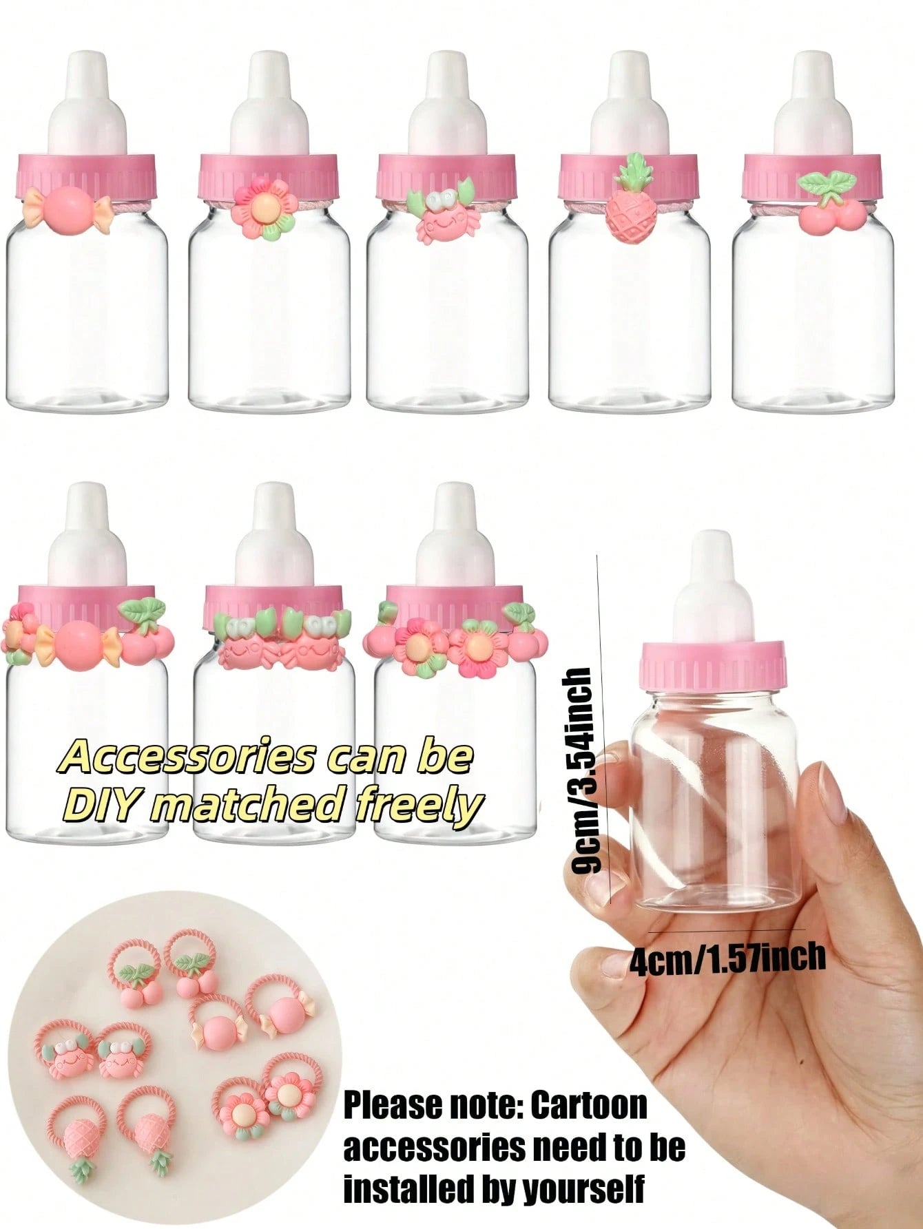 50/24/12/10/1pc- 3.5 Inch Mini Baby Bottle Candy Box With Cute Cartoon Accessories (Flower, Cherry, Pineapple, Candy, Crab) Colorful Cartoon Accessories Plastic Baby Bottle, Refillable Candy Box Smal