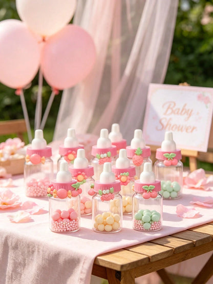 50/24/12/10/1pc- 3.5 Inch Mini Baby Bottle Candy Box With Cute Cartoon Accessories (Flower, Cherry, Pineapple, Candy, Crab) Colorful Cartoon Accessories Plastic Baby Bottle, Refillable Candy Box Smal