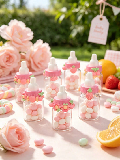 50/24/12/10/1pc- 3.5 Inch Mini Baby Bottle Candy Box With Cute Cartoon Accessories (Flower, Cherry, Pineapple, Candy, Crab) Colorful Cartoon Accessories Plastic Baby Bottle, Refillable Candy Box Smal