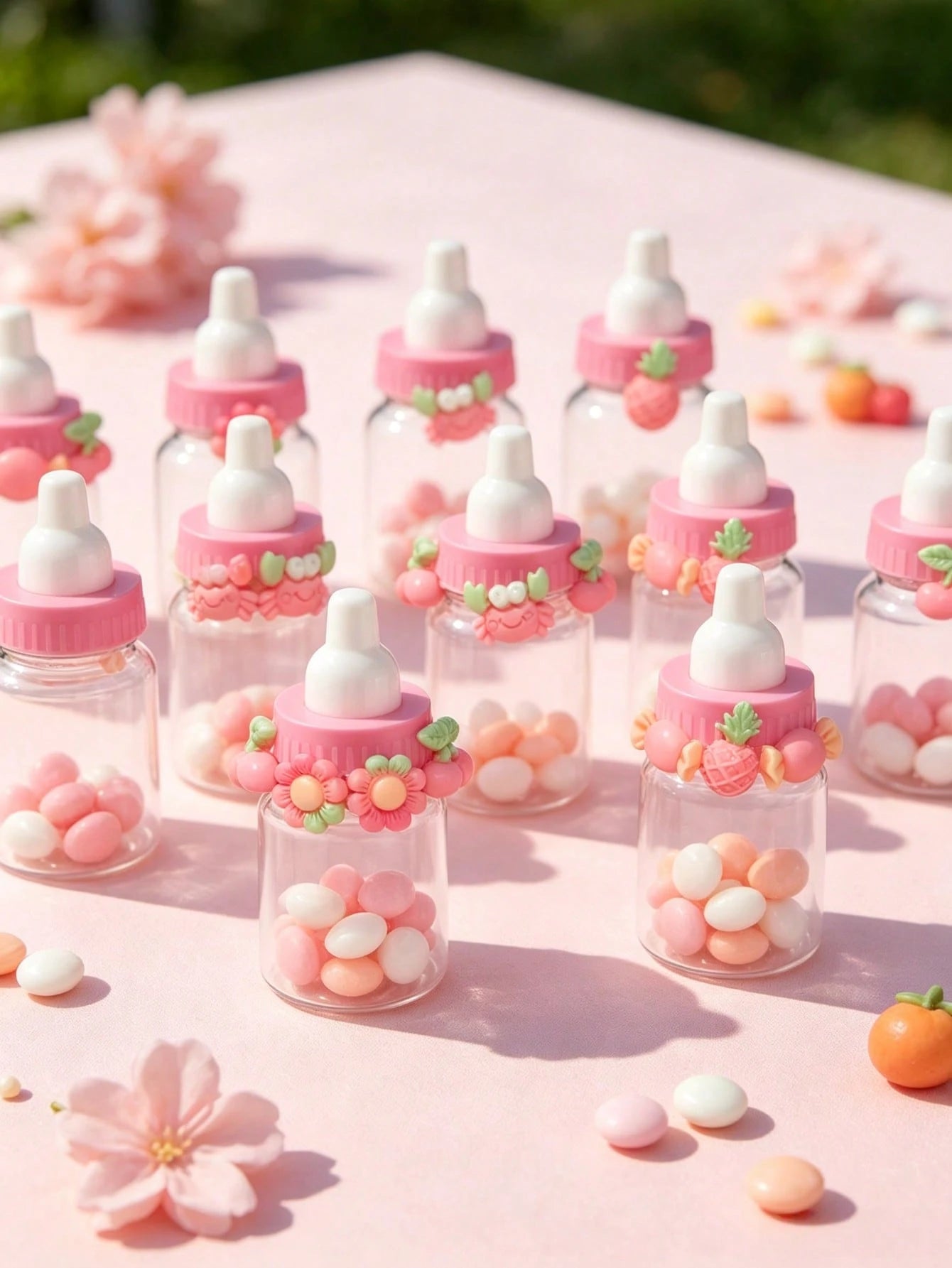 50/24/12/10/1pc- 3.5 Inch Mini Baby Bottle Candy Box With Cute Cartoon Accessories (Flower, Cherry, Pineapple, Candy, Crab) Colorful Cartoon Accessories Plastic Baby Bottle, Refillable Candy Box Smal