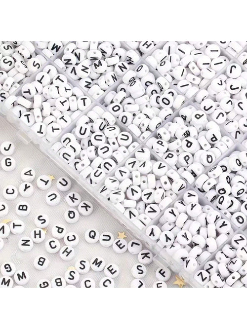 500pcs/1000pcs/1500pcs/2000pcs White Round Acrylic Black Letter Beads, Mixed A-Z Loose Beads For DIY Bracelets, Necklaces, Keychains, Jewelry Making Crafts