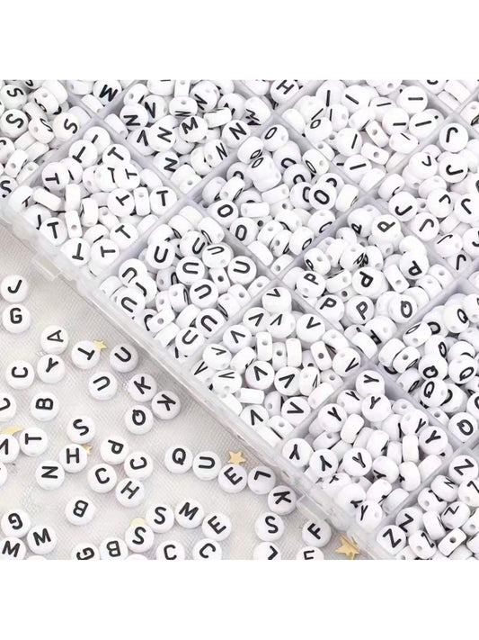 500pcs/1000pcs/1500pcs/2000pcs White Round Acrylic Black Letter Beads, Mixed A-Z Loose Beads For DIY Bracelets, Necklaces, Keychains, Jewelry Making Crafts