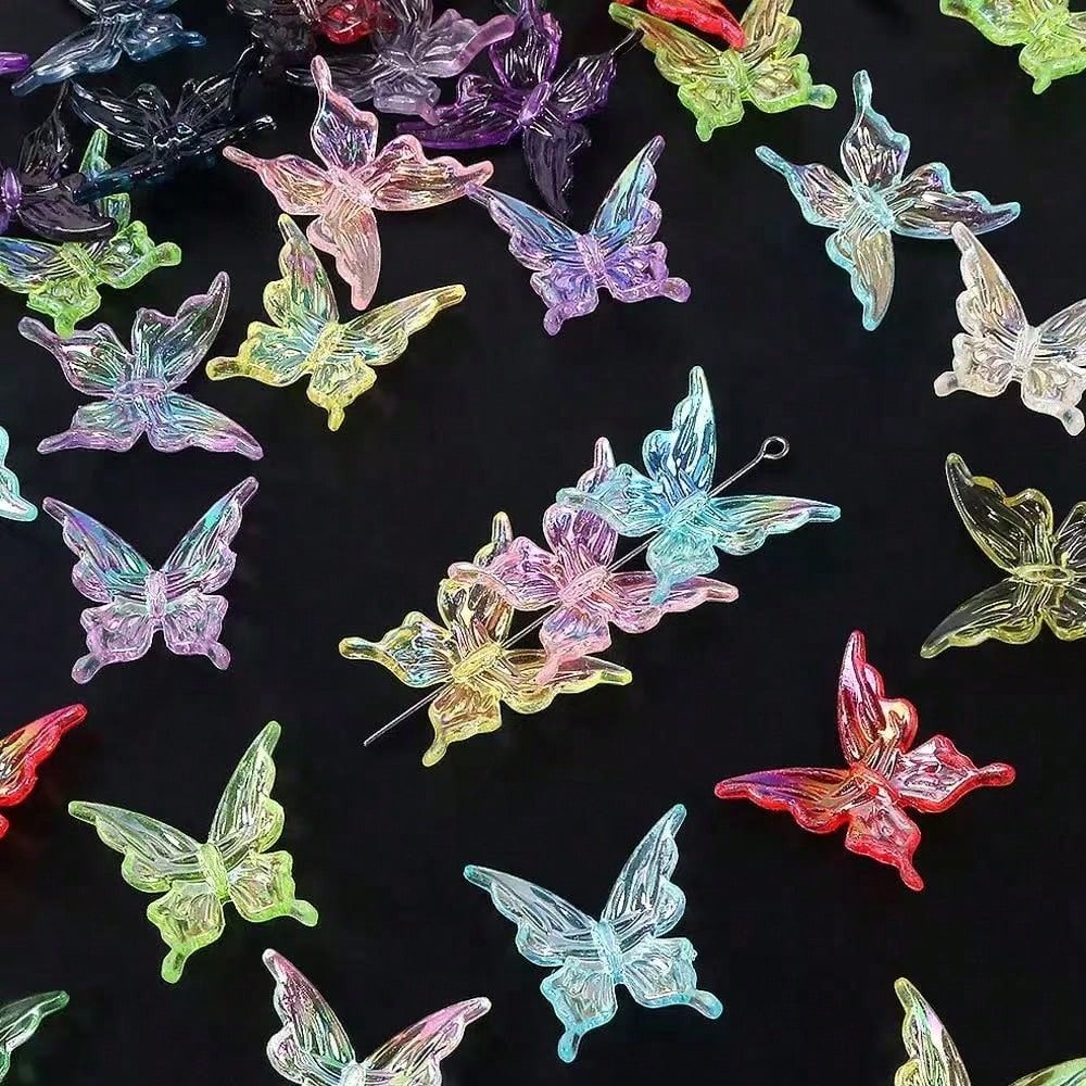 50pcs Transparent Colorful 3D Butterfly Beads, Random Mixed Colors, Ethereal Long-Winged Butterfly, DIY Jewelry Necklace Bracelet Making Kit, Friendship Jewelry Accessories Creative Gift