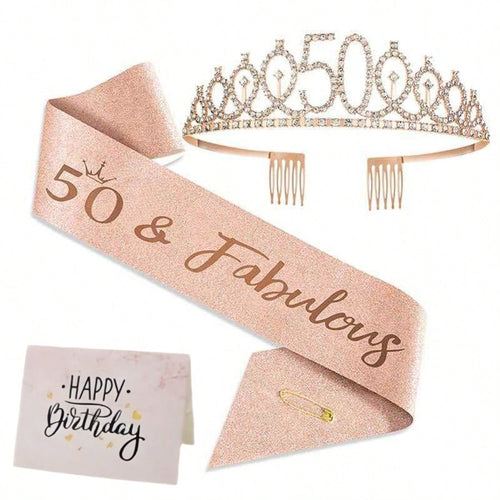 50th Birthday Crown + 50th Birthday Sash + Foldable Gold Foil Greeting Card Set, Headpiece, 50th Birthday Gift, Decorations For Female Friends, Happy Party Supplies