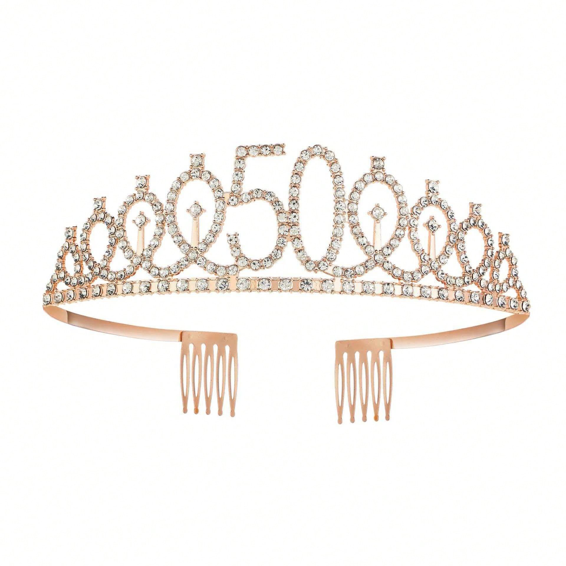 50th Birthday Crown + 50th Birthday Sash + Foldable Gold Foil Greeting Card Set, Headpiece, 50th Birthday Gift, Decorations For Female Friends, Happy Party Supplies