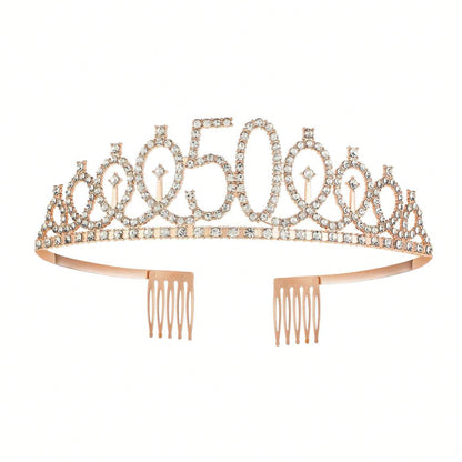50th Birthday Crown + 50th Birthday Sash + Foldable Gold Foil Greeting Card Set, Headpiece, 50th Birthday Gift, Decorations For Female Friends, Happy Party Supplies
