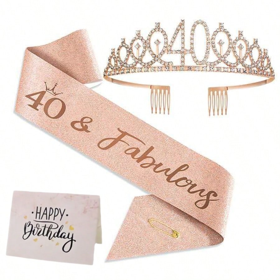 50th Birthday Crown + 50th Birthday Sash + Foldable Gold Foil Greeting Card Set, Headpiece, 50th Birthday Gift, Decorations For Female Friends, Happy Party Supplies