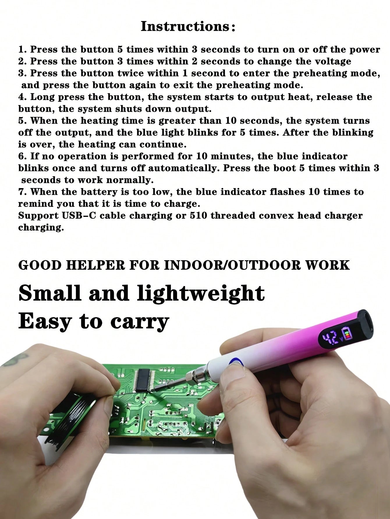 510 Thread Battery Powered Adjustable Voltage Smart Soldering Iron Pen, Compatible With Ink Cartridges, Portable Mini Soldering Iron Tool With USB-C Charging Cable, Suitable For DIY Indoor/Outdoor Too