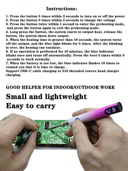 510 Thread Battery Powered Adjustable Voltage Smart Soldering Iron Pen, Compatible With Ink Cartridges, Portable Mini Soldering Iron Tool With USB-C Charging Cable, Suitable For DIY Indoor/Outdoor Too