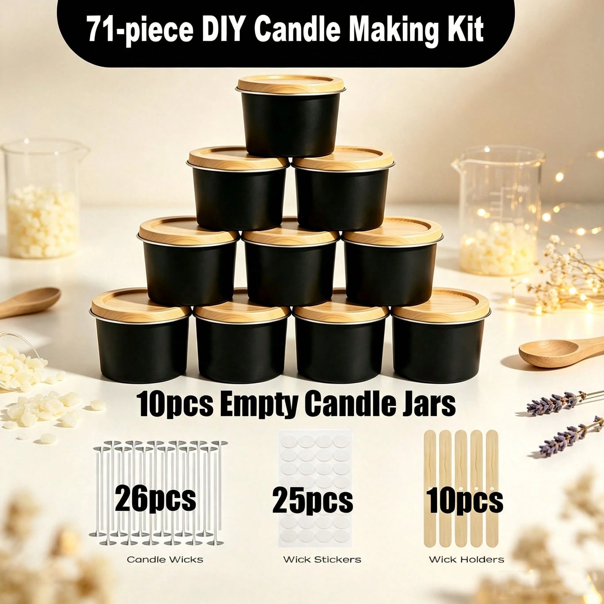 59pcs DIY Candle Making Kit, 6 Black Metal Empty Candle Jars, Candle Wicks, Wick Stickers And Wooden Base, Handmade Scented Candle Craft Materials