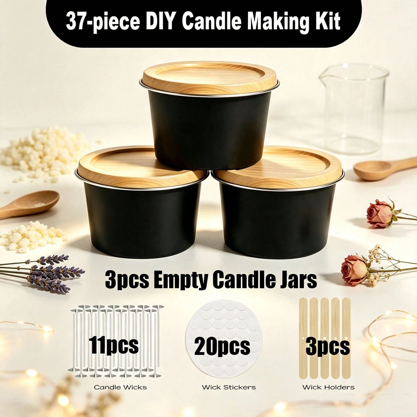 59pcs DIY Candle Making Kit, 6 Black Metal Empty Candle Jars, Candle Wicks, Wick Stickers And Wooden Base, Handmade Scented Candle Craft Materials