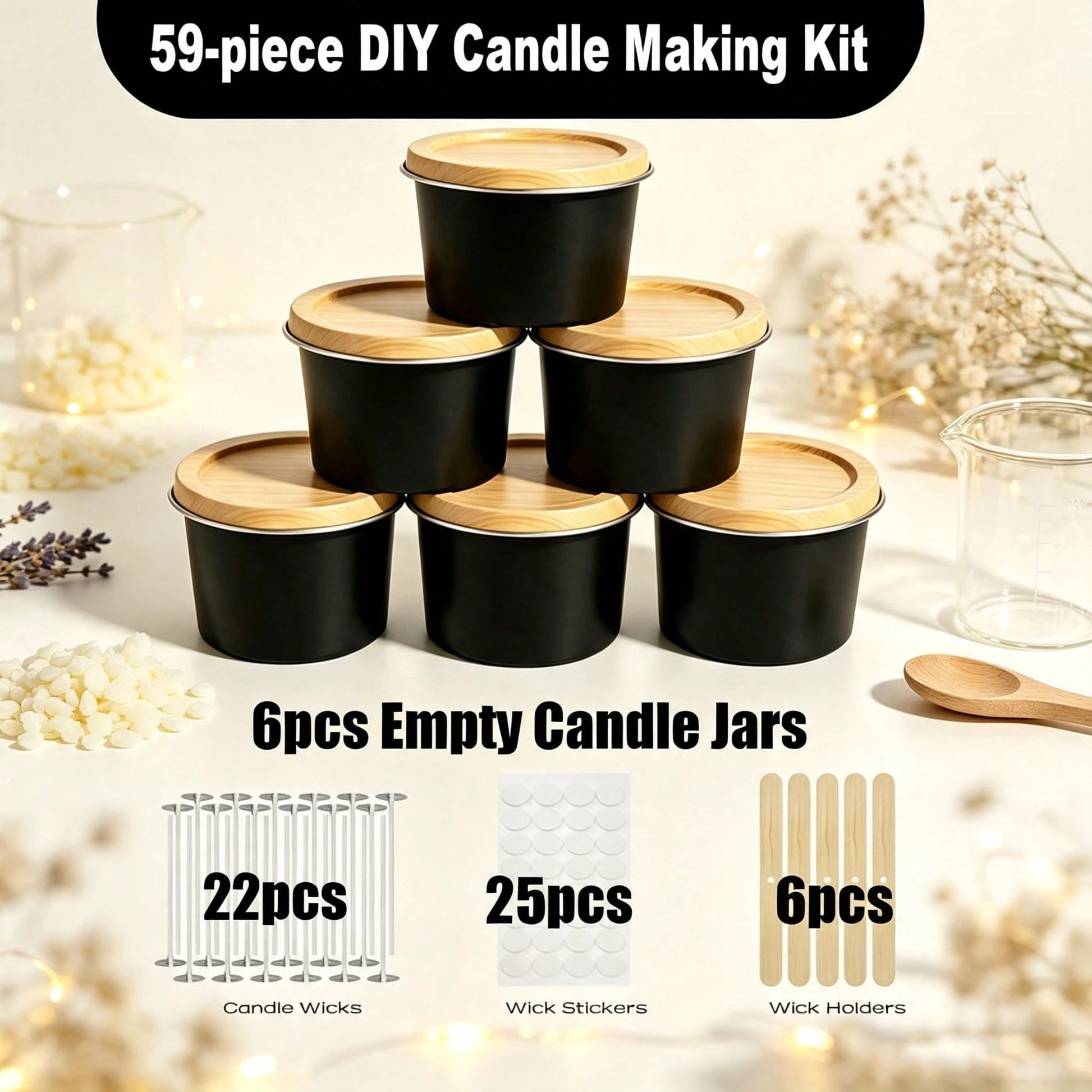 59pcs DIY Candle Making Kit, 6 Black Metal Empty Candle Jars, Candle Wicks, Wick Stickers And Wooden Base, Handmade Scented Candle Craft Materials