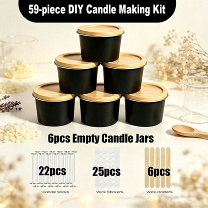 59pcs DIY Candle Making Kit, 6 Black Metal Empty Candle Jars, Candle Wicks, Wick Stickers And Wooden Base, Handmade Scented Candle Craft Materials
